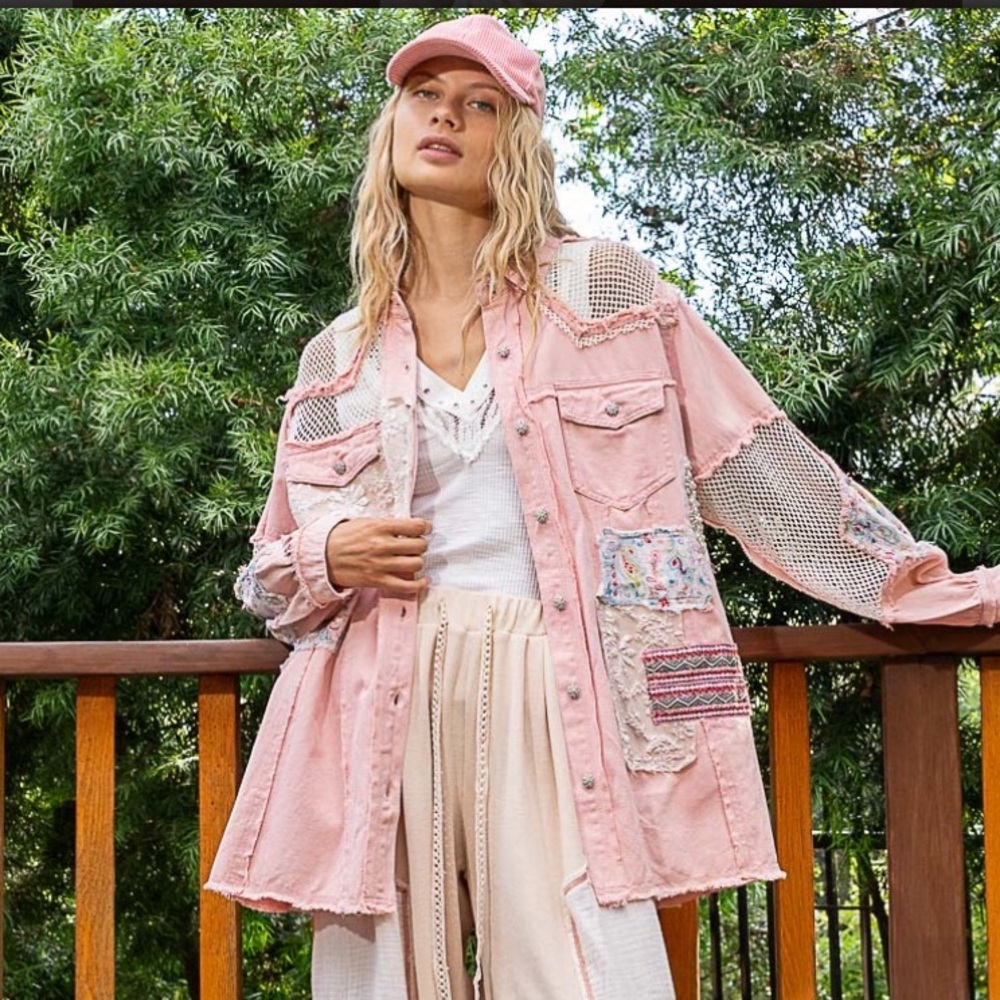 Nwot Pol Pink Oversized Patchwork Shacket - image 4